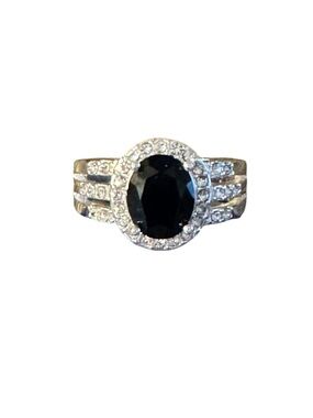 Elegant Black Sapphire Halo Ring in Silver Tone